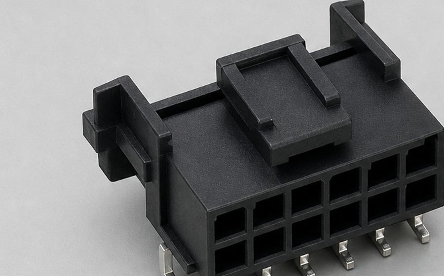 Micro-Fit compatible shrouded PCB header and black connector housing detail